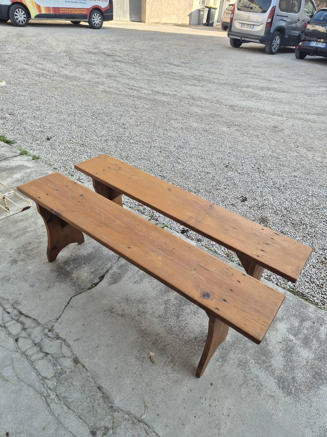 Set of 4 farm benches in old fir 1950s - 1m30