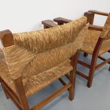 Set of 2 vintage brutalist armchairs in oak wood and straw