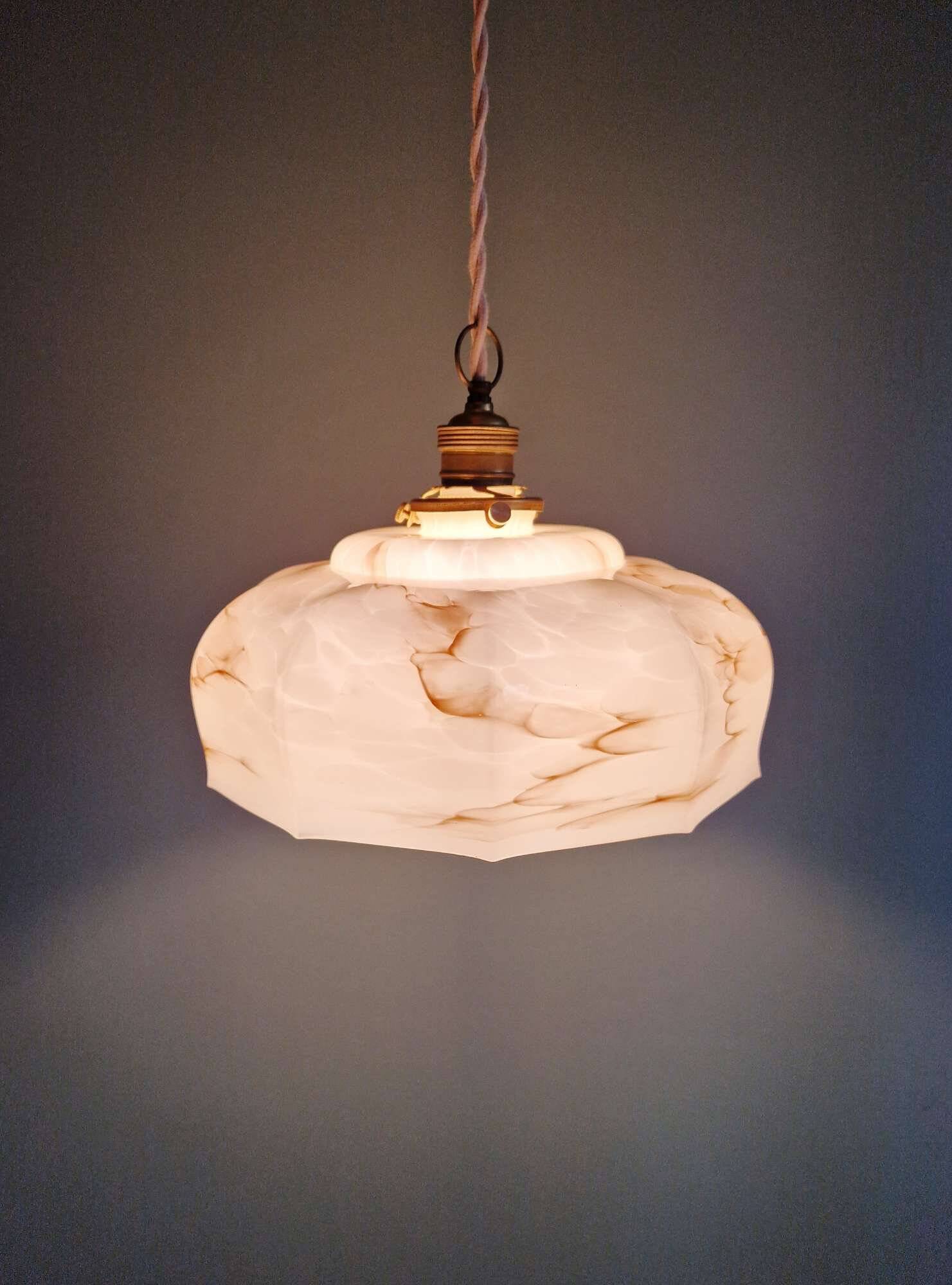 Art Deco pendant light in pink marbled opaline, Scailmont, 1920-30