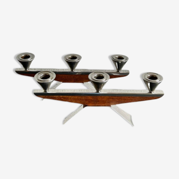 Ensemble de bougeoirs danois Mid Century teck et chrome