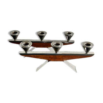 Set of Mid Century Danish candleholders, teak and chrome