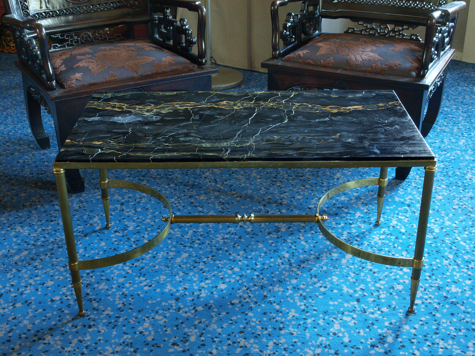 Table low neo classic bronze brass and Portoro marble