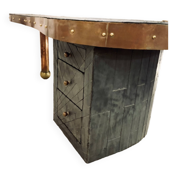 Bureau En Marqueterie D’ardoise Et Cuivre, Signé, Daté, Probablement Pièce Unique