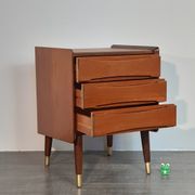 Norwegian bedside table with 3 drawers, teak and brass clogs