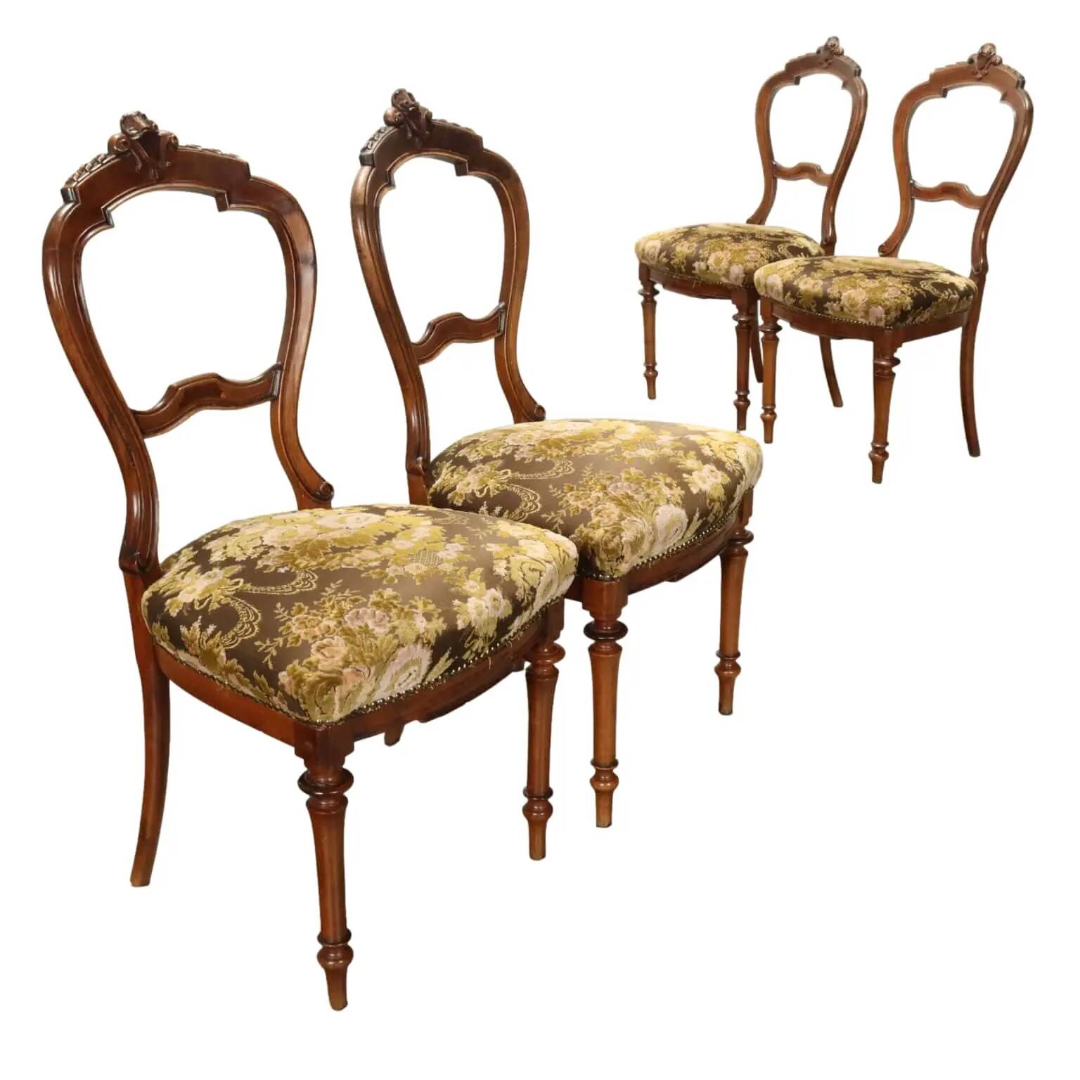 Chaises anciennes en noyer avec assise rembourrée, décoration florale, XIXe siècle