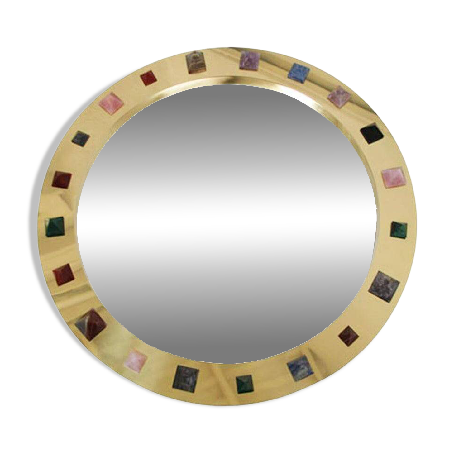 Modern Circular Mirror with Brass Frame and Semi-Precious Stone