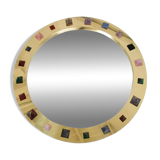 Modern Circular Mirror with Brass Frame and Semi-Precious Stone