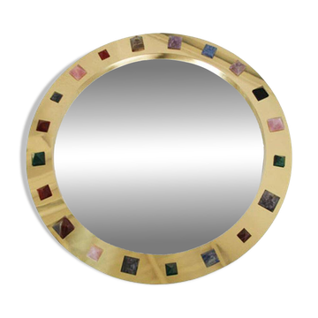 Miroir circulaire moderne avec cadre en laiton et pierre semi-précieuse