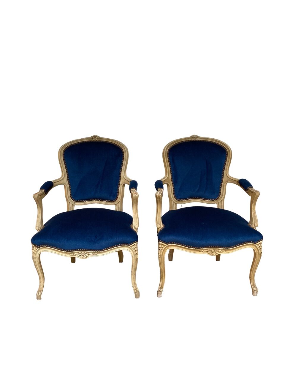pair of Louis XV style armchairs in blue velvet