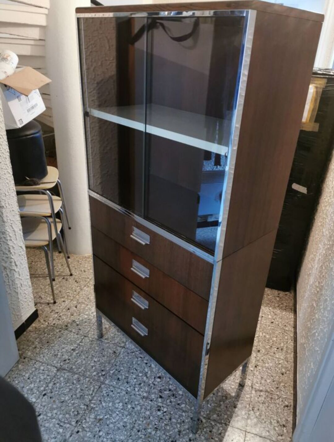 Rosewood and chrome display cabinet, 1970s-80s.