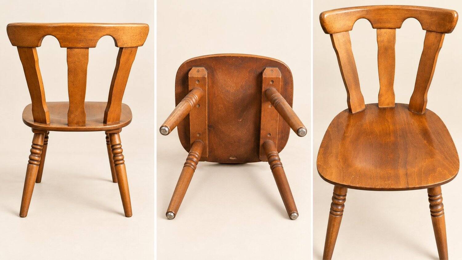 Set of 8 rustic bistro chairs in beech wood with honey patina, 1950s.
