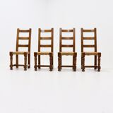 Set of 4 French Oak and Rush Ladder Back Dining Chairs 1950s