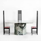 Vintage dining table in green and white veined marble. Completely restored. Italy, 90's