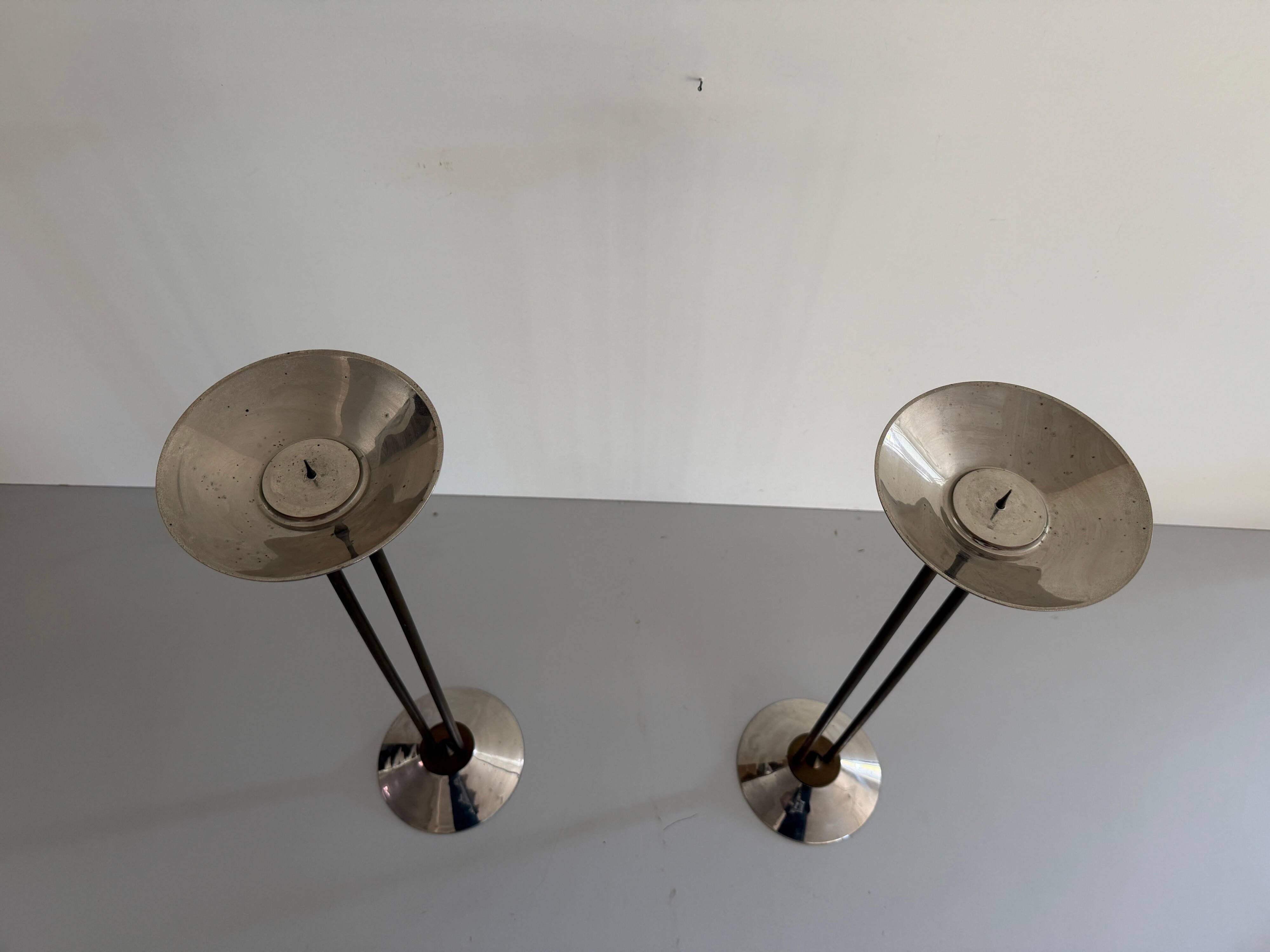 Pair of metal and brass candlesticks, 1960s, Germany