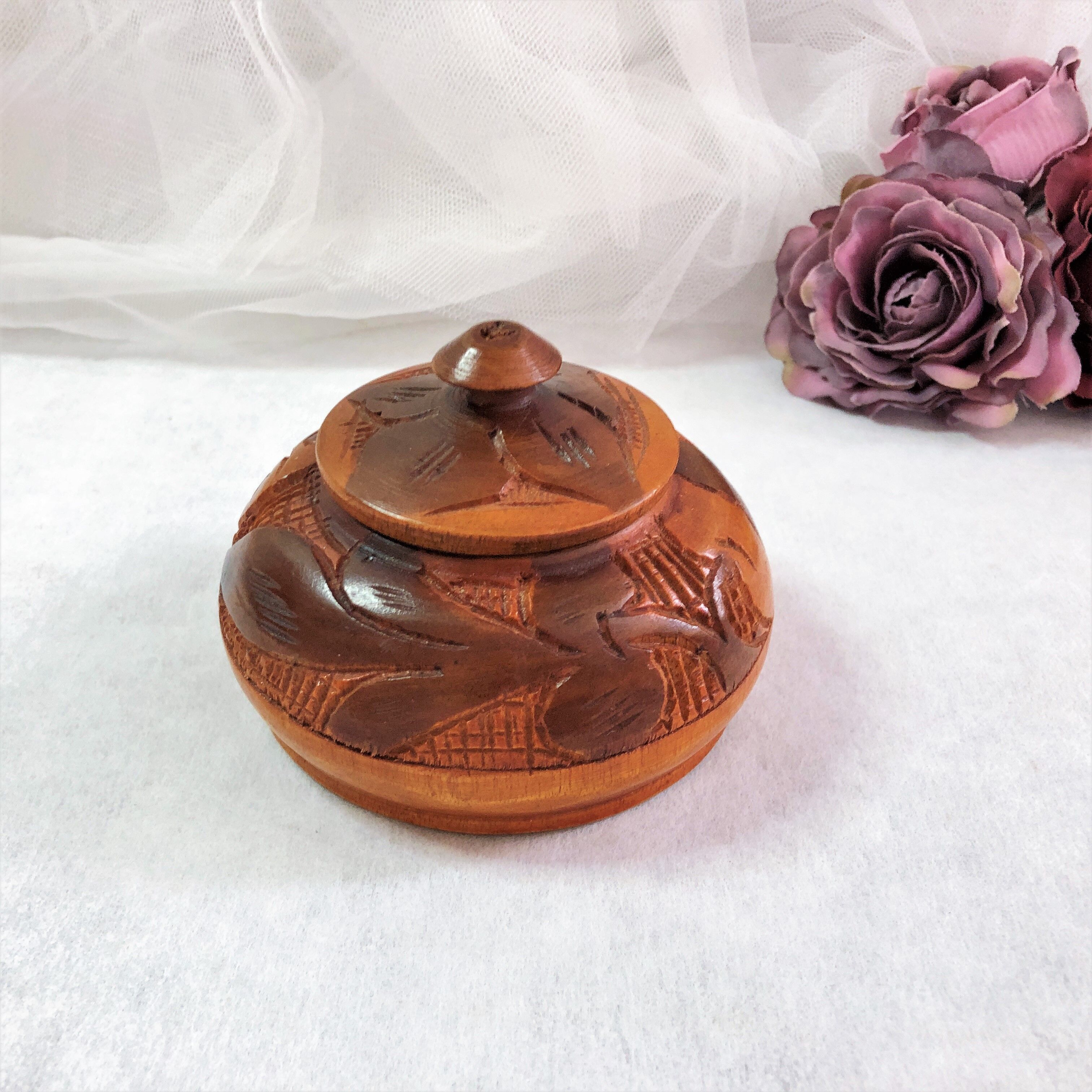 Handmade wooden box brown copper polychrome vintage