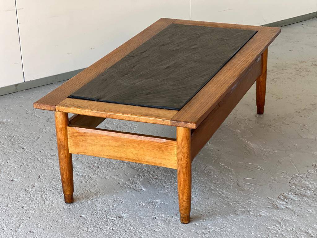 Vintage 1960s oak coffee table with slate top