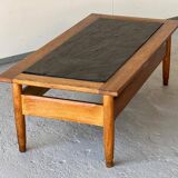 Vintage 1960s oak coffee table with slate top
