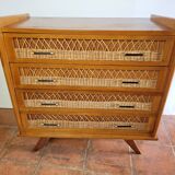 Commode en bois et rotin des années 70
