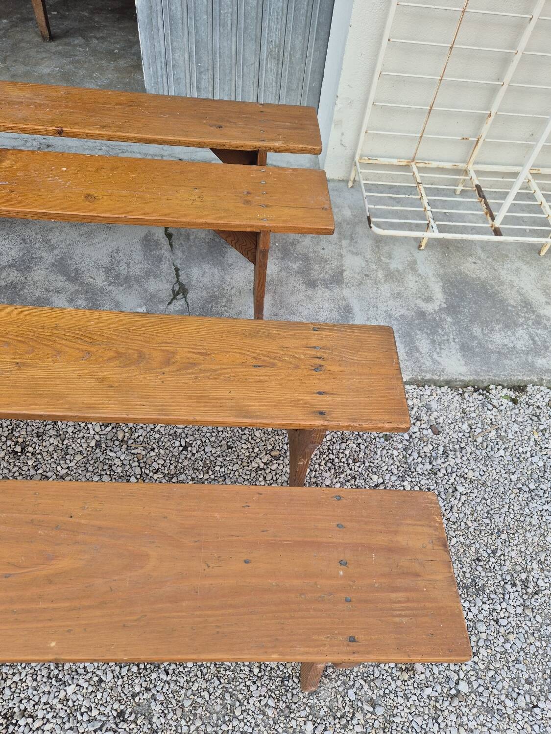 Set of 4 farm benches in old fir 1950s - 1m30