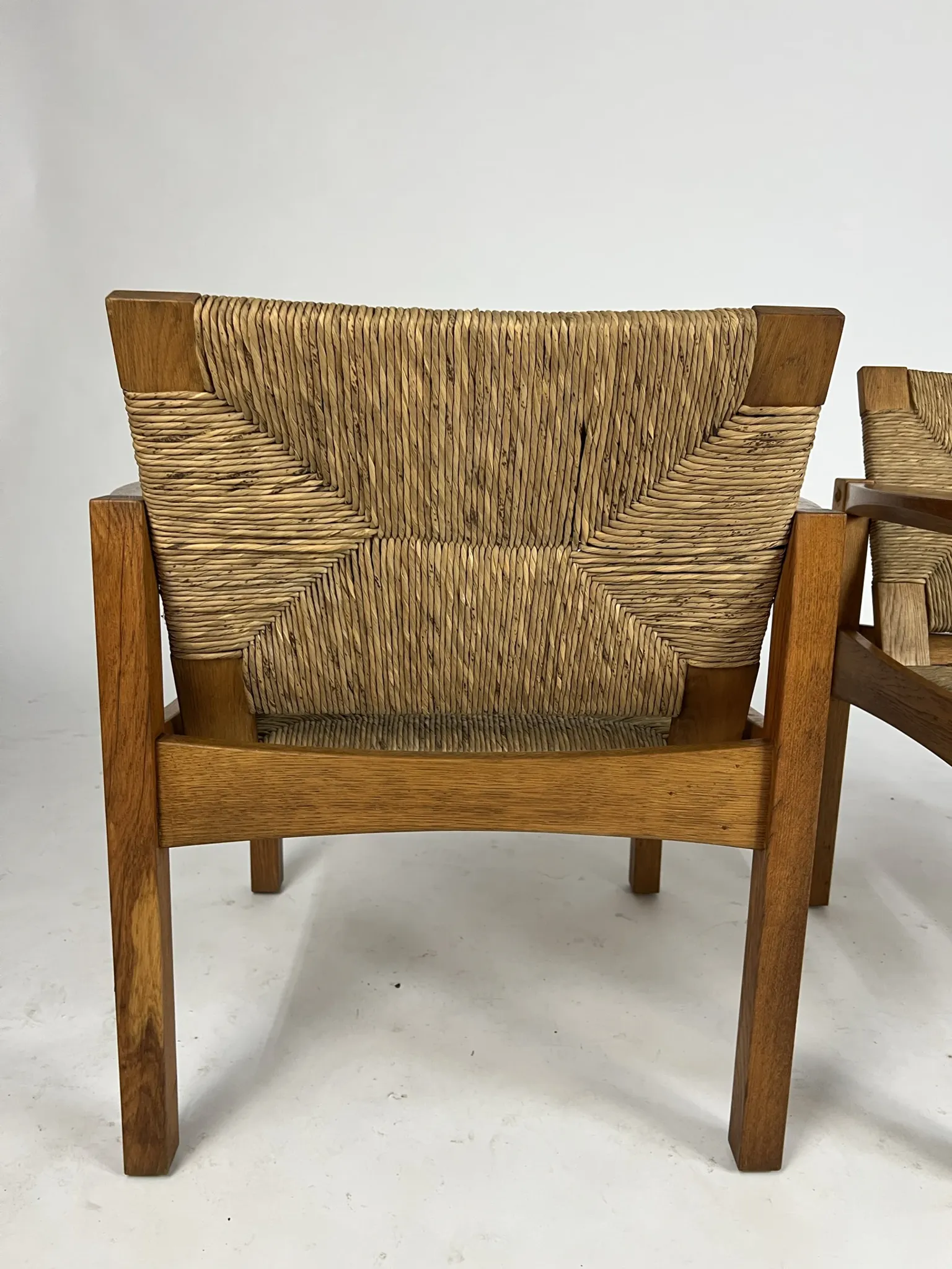 Set of 2 Vintage armchair easy chairs oak & seagrass 60s mid-century