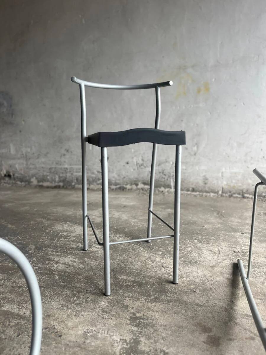 Philippe Starck vintage high bar stool — black plastic seat, silver metal frame