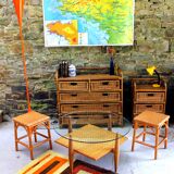 Vintage coffee table in woven wicker and rattan glass from the 60s/70s