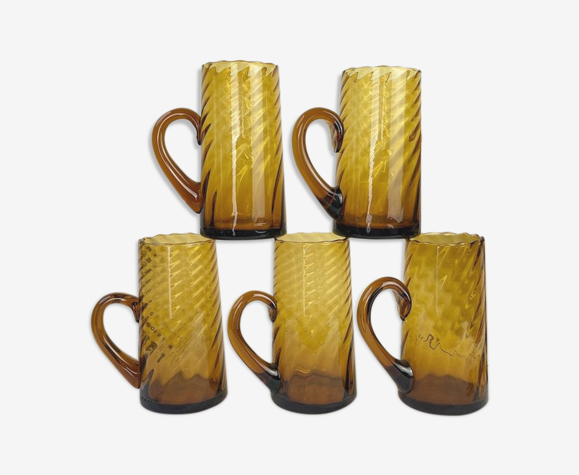 Lot de 5 verres à bière vintage en verre twisté ambré