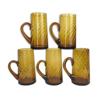 Set of 5 vintage beer glasses in amber twisted glass