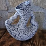 Vintage vase with double handles in blue ceramic and white crisp enamel
