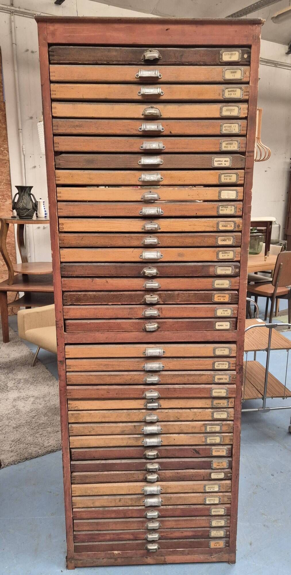 Wooden printing cabinet 36 drawers with typographic letters