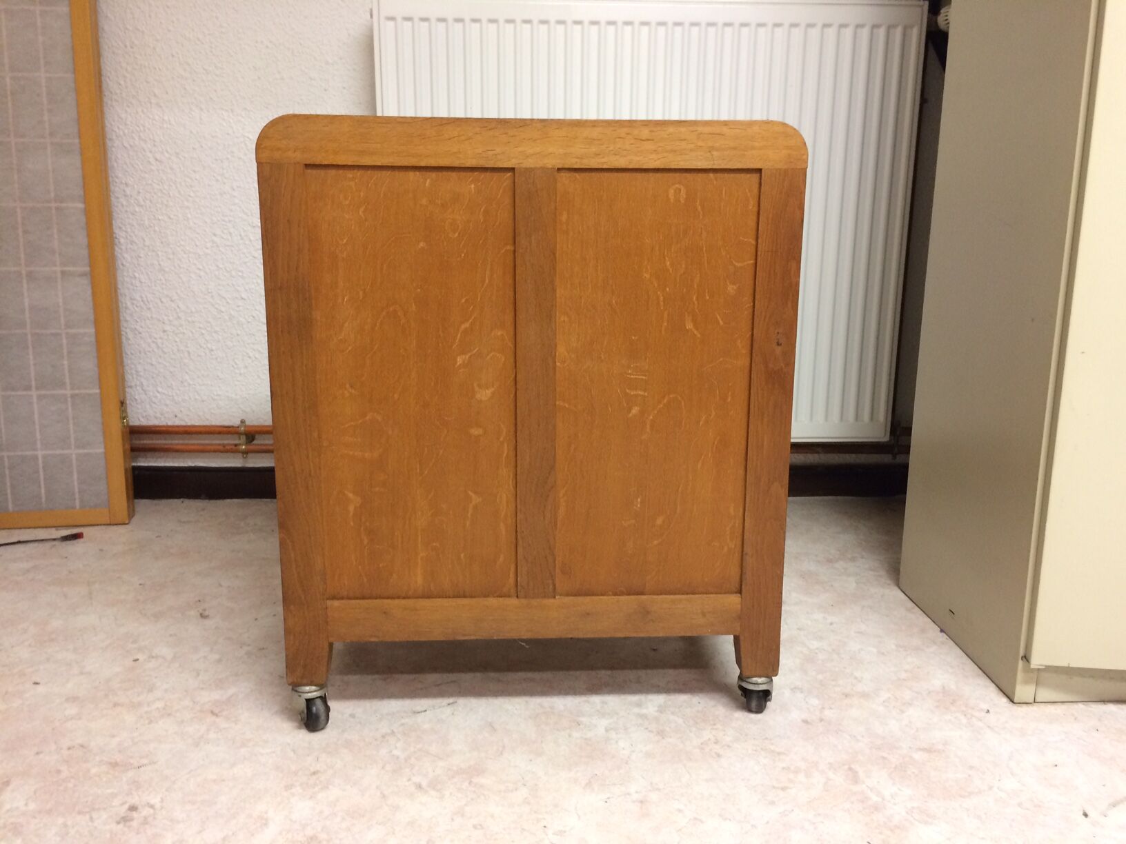 Old curtain oak wheeled box 1950