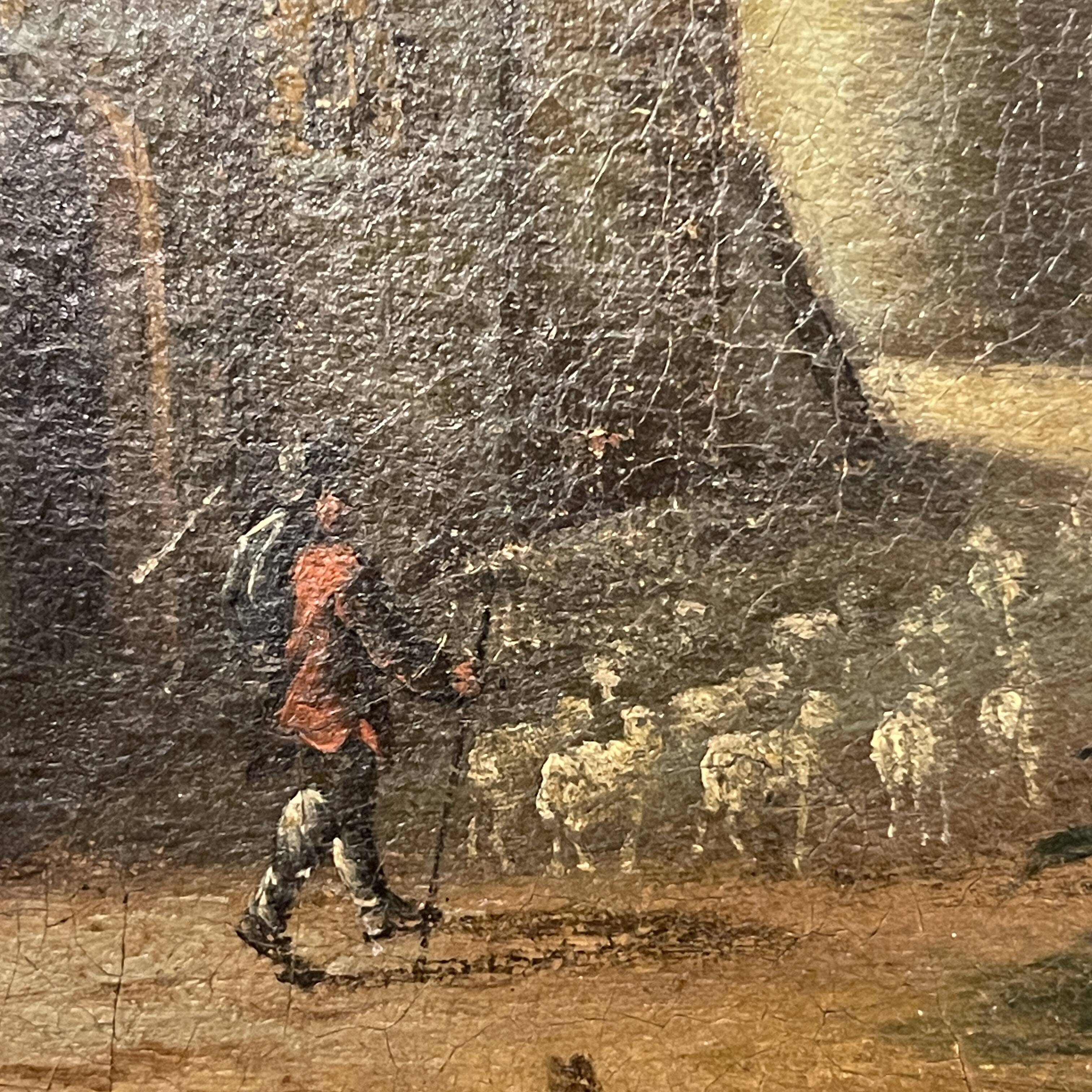 Italian School "Lake landscape, forest animated by figures" oil painting