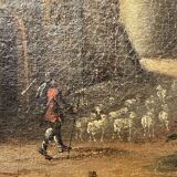 École italienne "Paysage lacustre, forêt animée de personnages" tableau hui