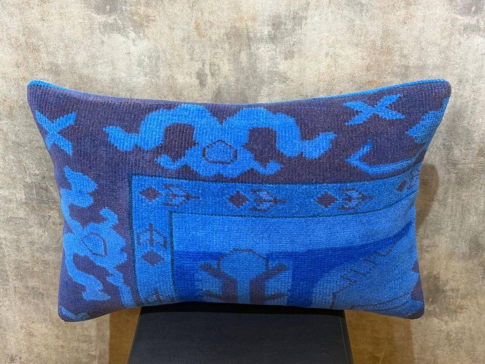 Vintage Turkish Wool Lumbar Pillow, Handmade Blue Geometric Rug Cushion