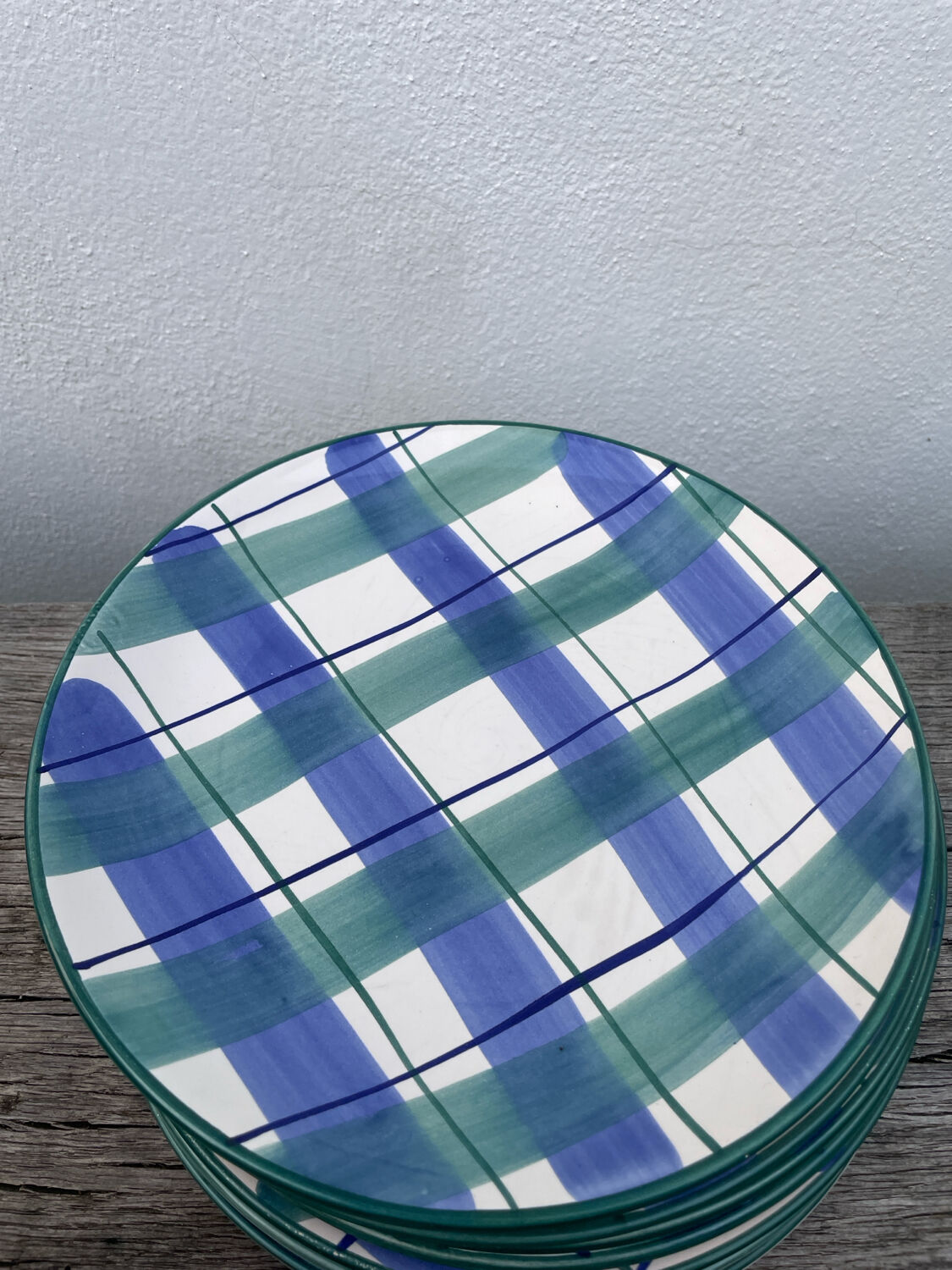 10 blue and green checked ceramic plates