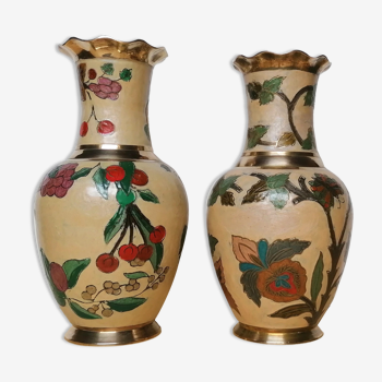 Pair of enamelled brass vases