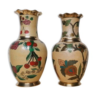 Pair of enamelled brass vases