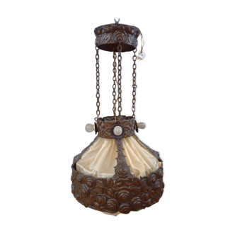 Antique Art Nouveau lamp in copper and silk