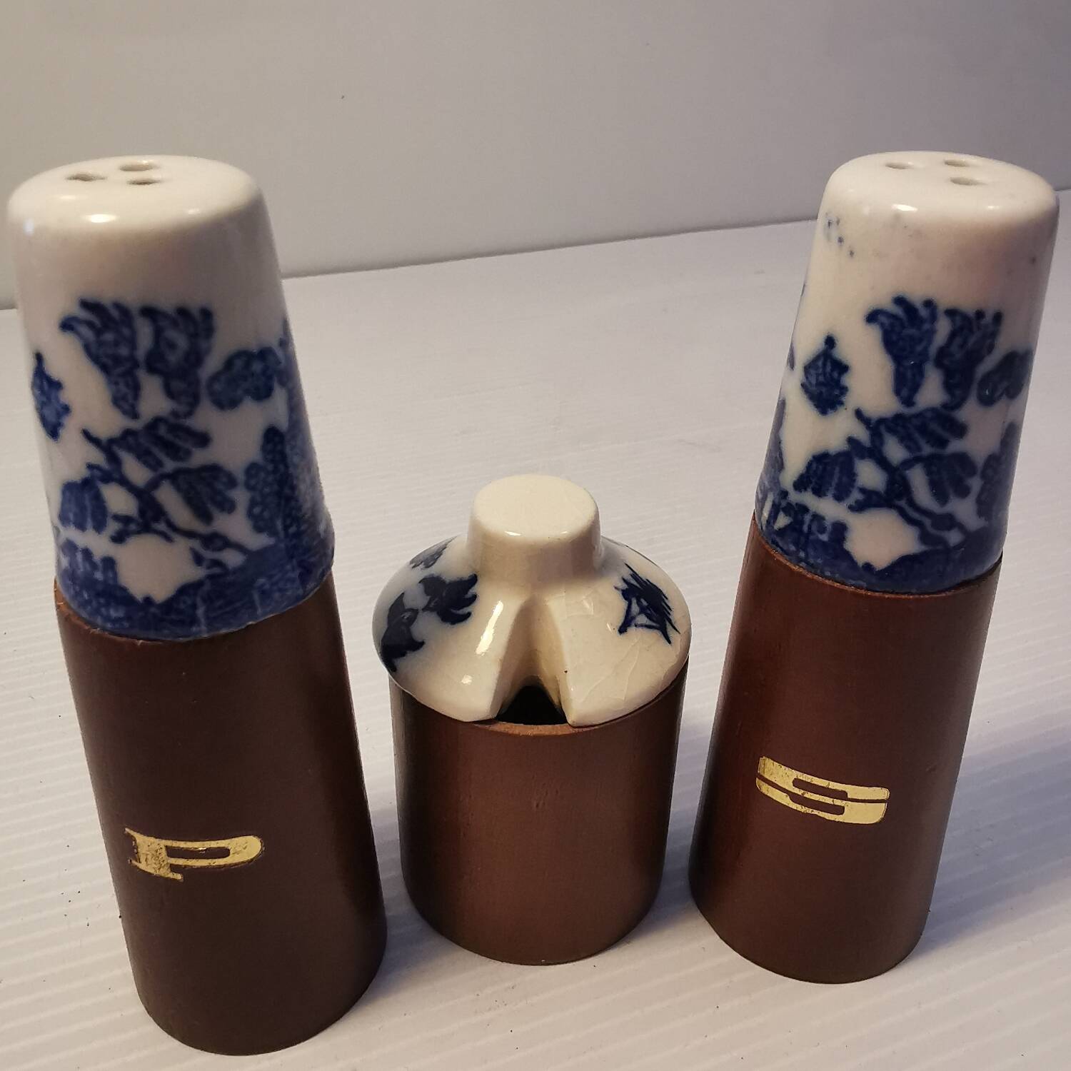 Vintage salt shaker, pepper shaker and mustard pot set in wood and ceramic