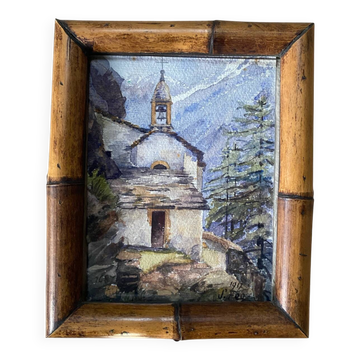 Aquarelle « chapelle de montagne » encadrée ancienne