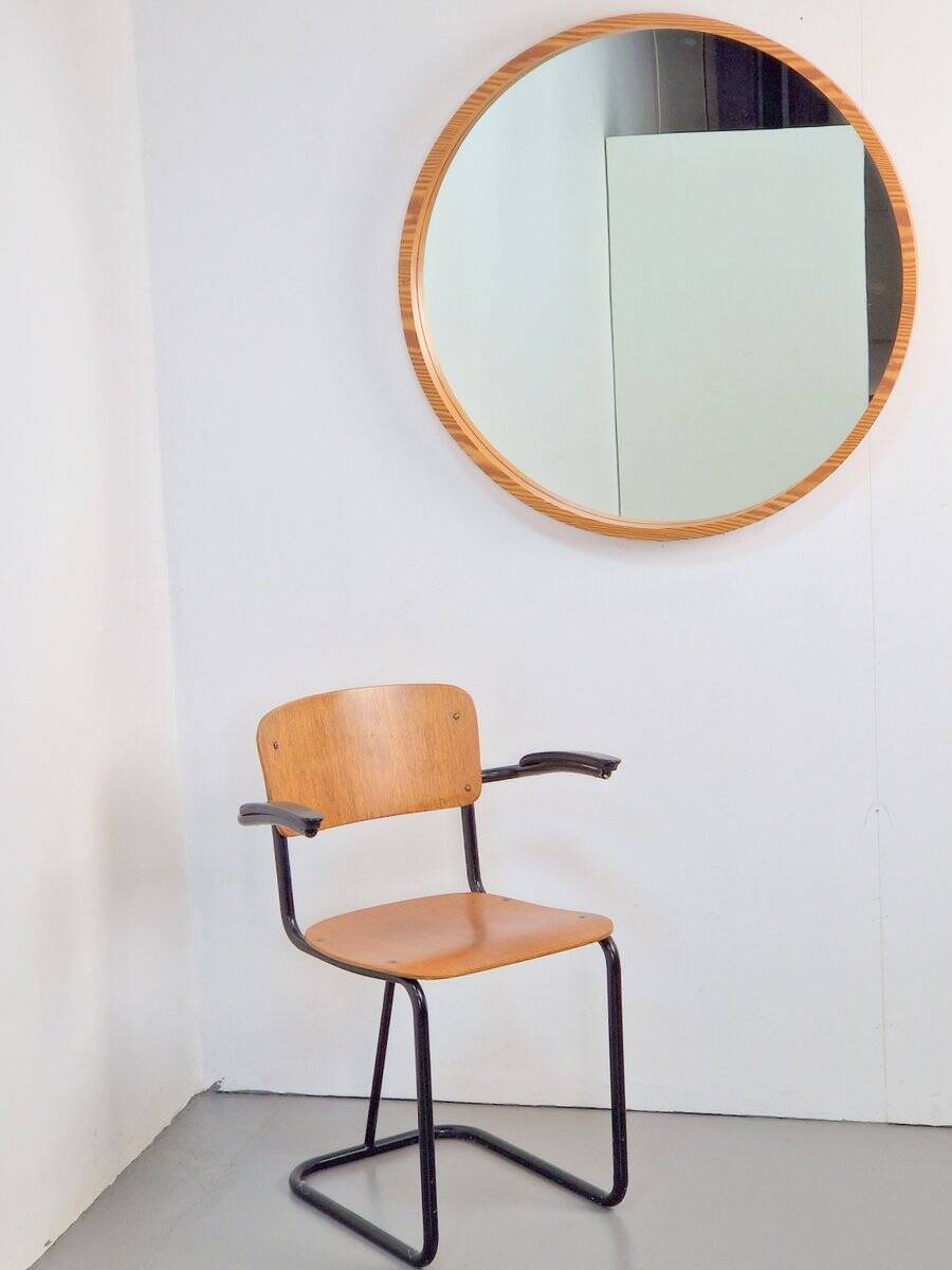 Large Mid-Century Round Pine Mirror, Denmark, 1960s