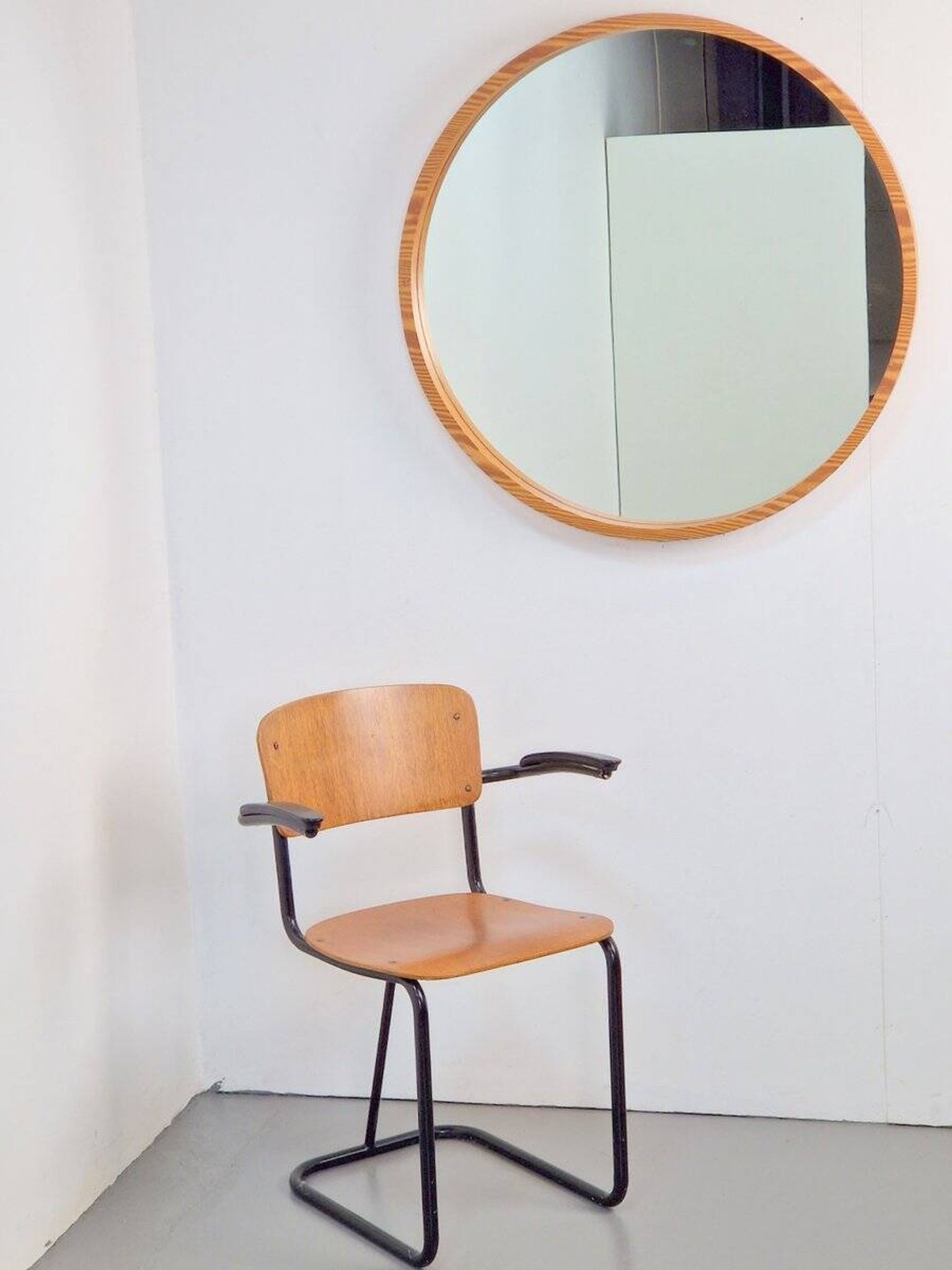 Large Mid-Century Round Pine Mirror, Denmark, 1960s