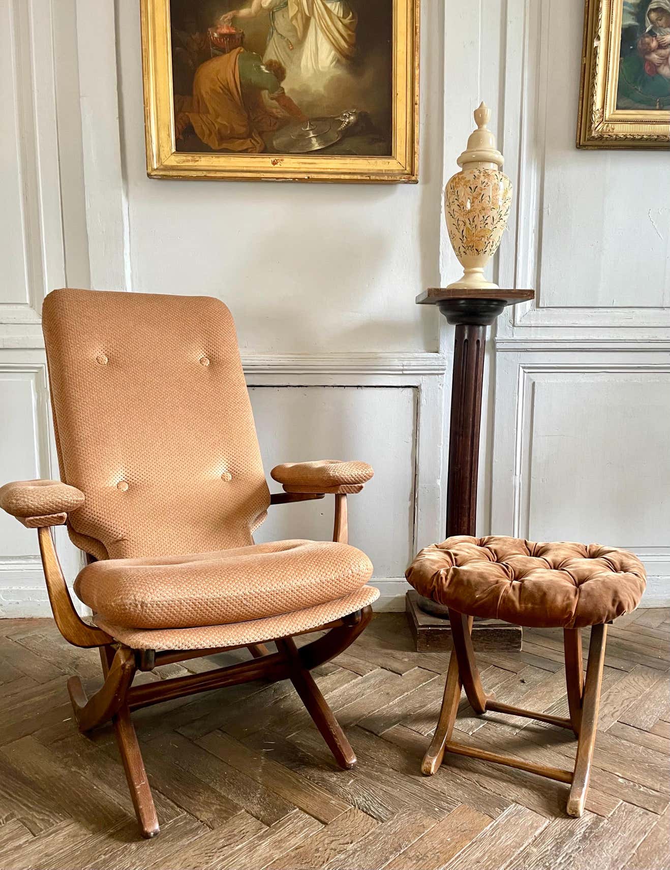 Folding armchair relax vintage wood and velvet with armrests - 70's