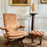 Folding armchair relax vintage wood and velvet with armrests - 70's