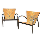 Pair of 2 atypical armchairs wood, chrome and leather vintage 1980