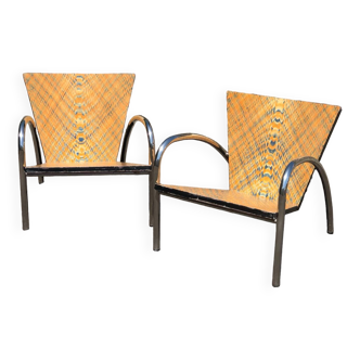 Paire de 2 fauteuils format atypique bois, chrome et cuir vintage 1980