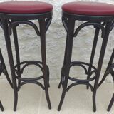 4 professional bistro stools with burgundy red imitation top in solid curved wood in the
