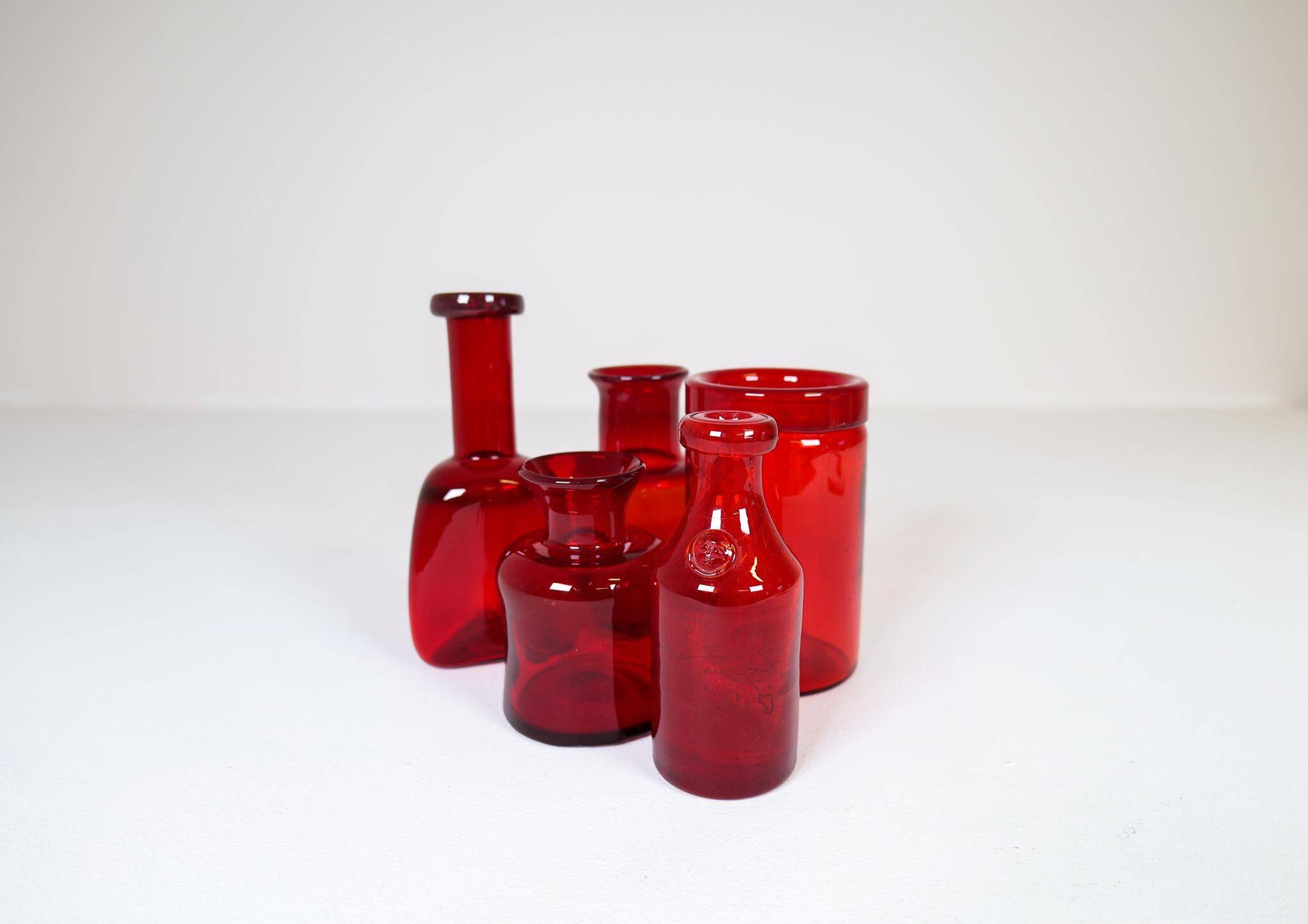Collection of five rare red vases by Erik Hoglund, Sweden, 1960s.