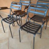 Ensemble table et 4 fauteuils bistrot jardin Tolix Xavier Pauchard  années 1950