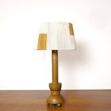 Wooden candle holder mounted as a lamp and its rope shade, 47.5cm.
